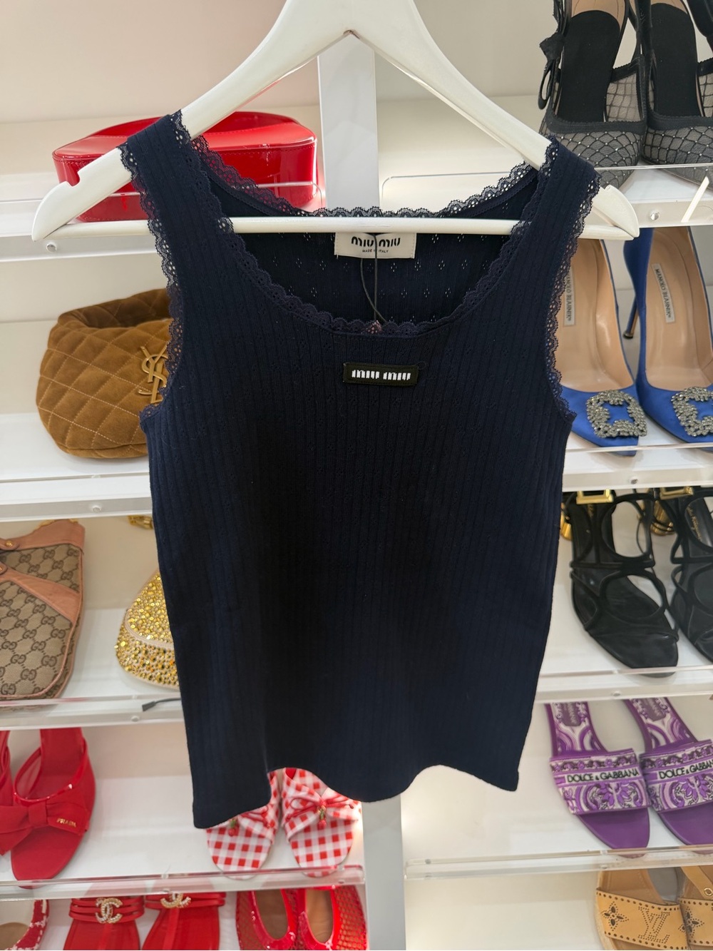 Miu Miu Navy Lace-Trim Ribbed Tank
